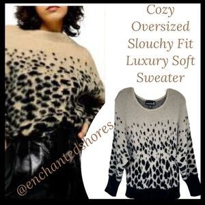 Leopard Print Luxury Sweater Soft Cashmere Velvet Like Black Ivory Size Medium